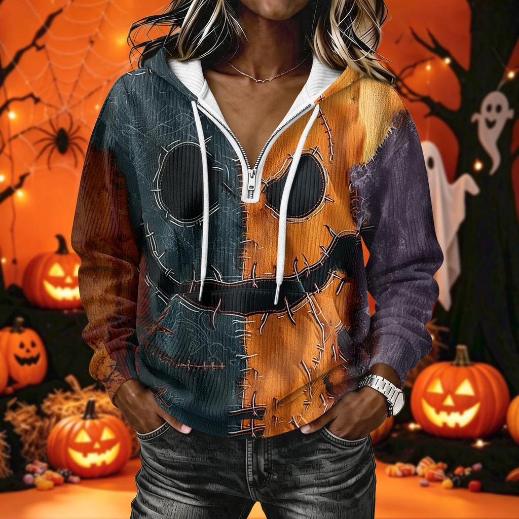 Women's Long Sleeve Halloween Print Pullover Hoodie Sweatshirt with