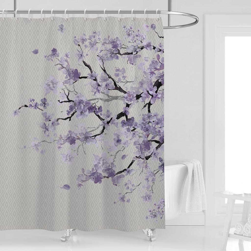 Shower Curtain Pink Cherry Floral Flowers Sakura Plum Blossom Japanese Asian Style Polyester Fabric 12 Pack Plastic Hooks