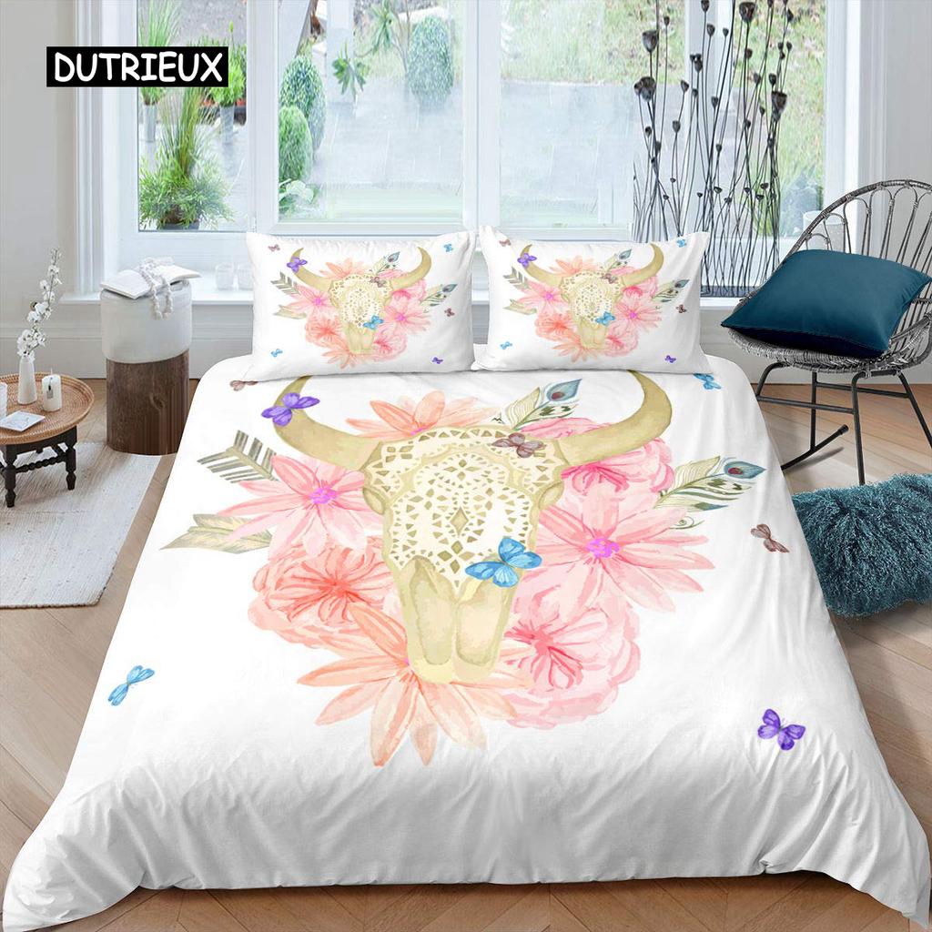 Stierschädel Bettbezug Set Boho Chic Feder Bettwäsche Set Böhmisch Exotische Zweige Blume für Teenager Mikrofaser King Steppdeckenbezug