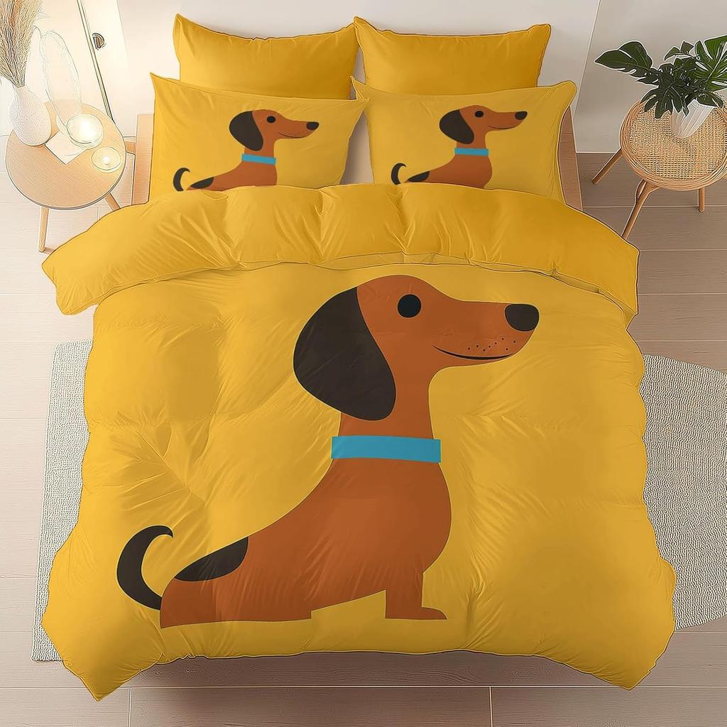 Cute Colorful Dog Duvet Cover Set, Dachshund Dog Bedding Set, Cartoon Polyester Quilt Cover, Pet Dog Home Textiles King Queen
