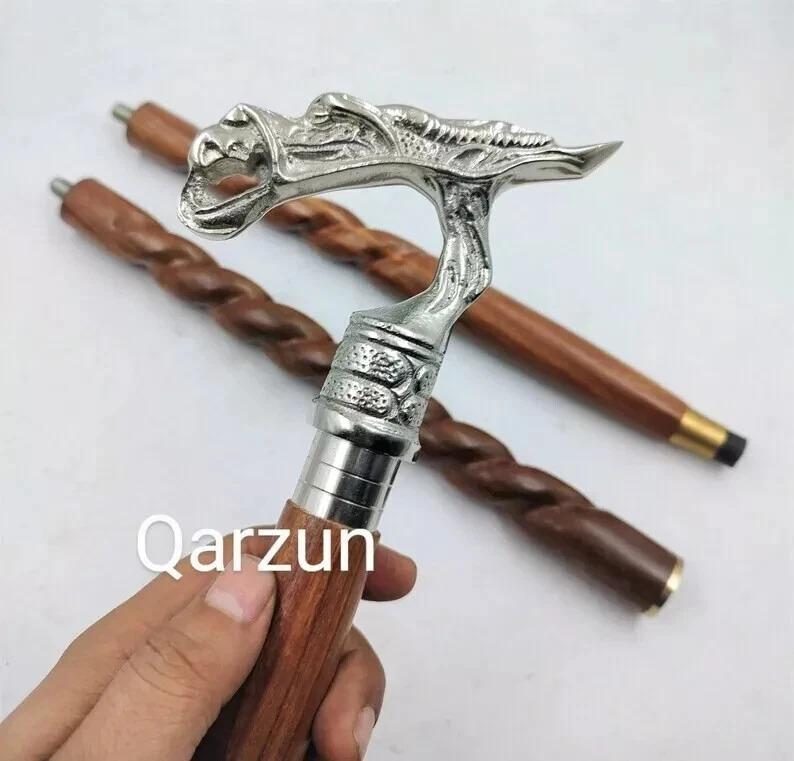 Metal Designer Dragon Silver Handle Cane Head Handle Wooden Walking stick