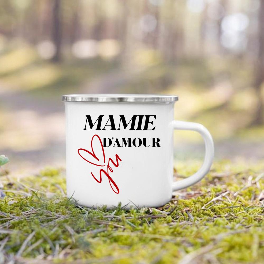 Super Papy Mamie Print Enamel Mug Creative Coffee Cups Drinks Water Milk Cup Enamel Mug Home Drinkware Gifts for Grandma Grandpa