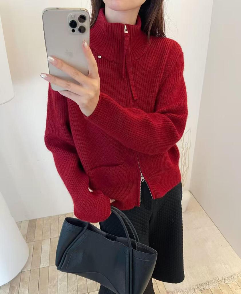 Women's Retro Japanese-Style Zipper Knit Cardigan with Ribbon - Winter Casual Versatile Half-High Collar