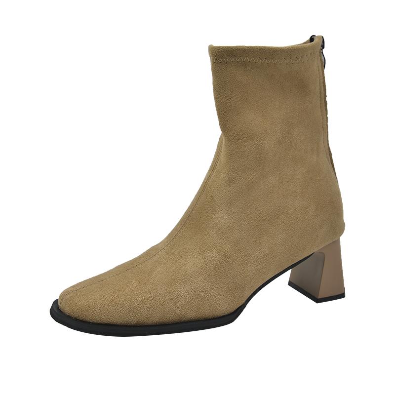 Women's Fleece-lined Small Leg Boots High Heel Korean Style Winter Shoes  New Autumn Short Boots Rubber Material