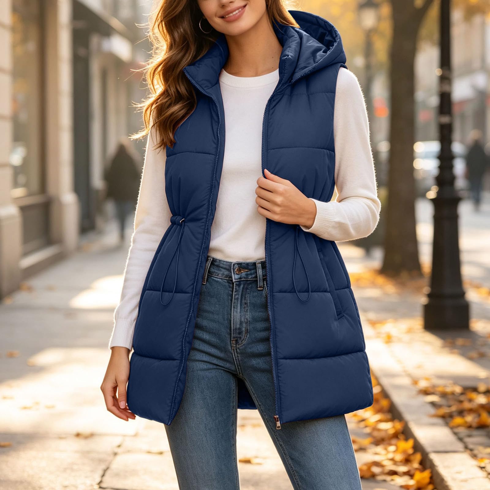 Women`s Casual Long Hooded Sleeveless Down