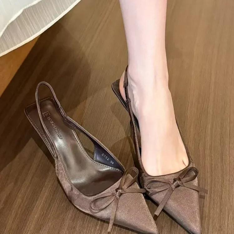 Fashion New Stylefamous Brand Plus Size Bow Pointed Bag Solid Color Vacant One-Row Thin High Heels Sandals