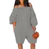 Plus Size Womens Casual  Elastic One Line Shoulder Pockets  Nine-point Cuff  Shorts Jumpsuits Wide Shorts Rompers
