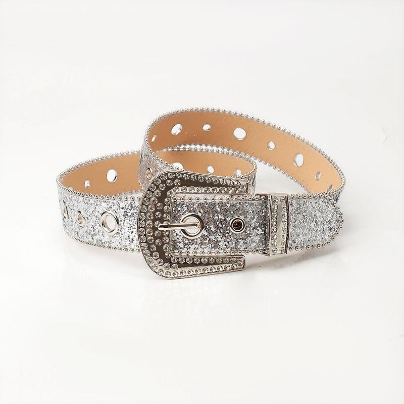 European and American punk bling sequined belt, women's trend ins feng shui diamond versatile jeans hollow belt women