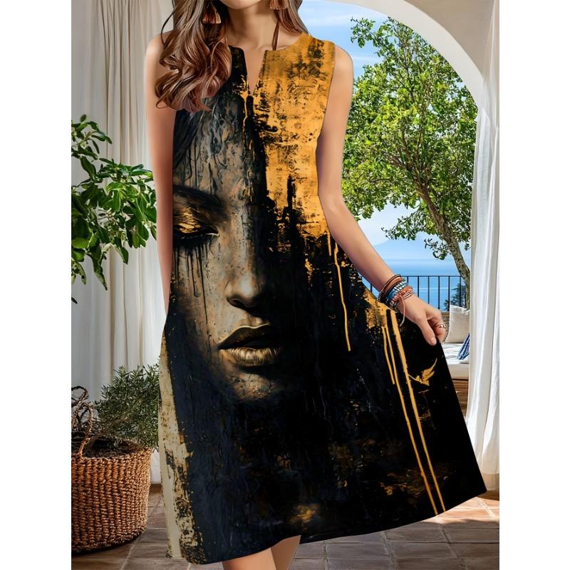 Robe Bohème Sans Manches à Col Fendu avec Impression Visage Artistique, Robe Midi Décontractée Coupe Ample pour Femme, Idéale pour les Vacances à la Plage et les Tenues d'Été