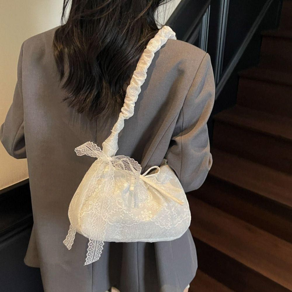 Pleated Strap Simple Canvas Handbag With Ribbon Large Capacity Bag Lace Shoulder Bag  Travel