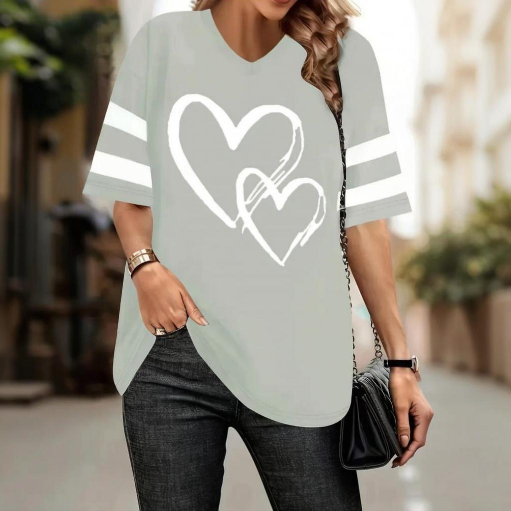 Summer Heart-Shaped 3D Print T-shirt Women Streetwear Casual T Shirts Y2k Tops Woman Harajuku V-Neck Tees Oversized Clothing