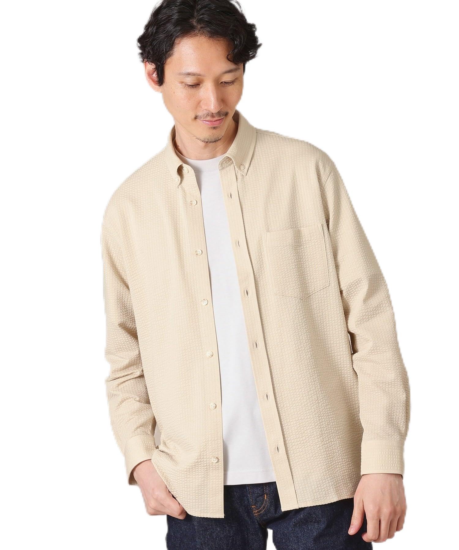 

Takeo Kikuchi Повседневная антибактериальная и всесезонная трикотажная рубашка из сирсакера светло-бежевого цвета, размер 03 07081506, устойчивая к запаху, рубашка, мужская, (051), (L),