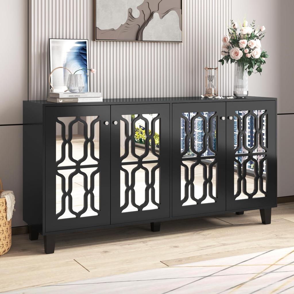 Sideboard Chest of Drawers Mirrored, Sideboard with 4 Doors, Modern Side Cabinet Multipurpose Cabinet with Adjustable Shelf