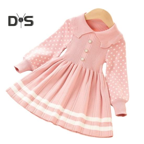 

Вязаное платье для девочек. Осень-зима. Милый кукольный воротник. Искусственный жемчуг. Пуговицы. 120cm розовый