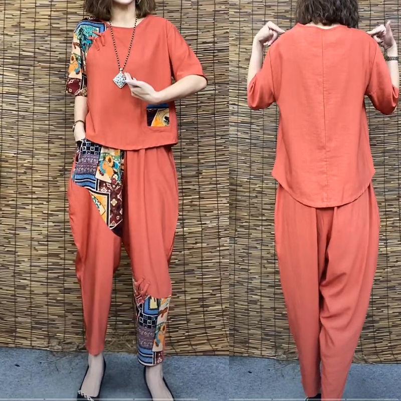 Dam Casual Kostym Sommar Slim Kortärmad T-shirt Topp Harlan Croppade Byxor Plus Mode Bomull Linne 2 Tvådelat Set