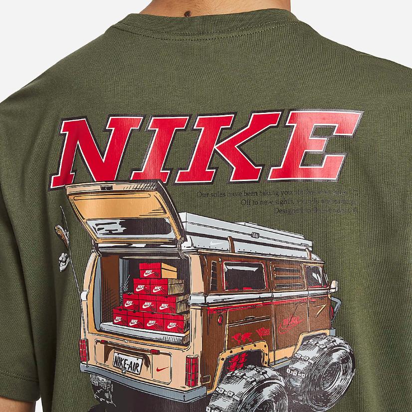 Nike Vzor s potiskem písmen Americký retro Žebrovaný kulatý výstřih Ležérní pohodlné Tričko s krátkým rukávem Pánské topy Khaki-zelená FQ3765-325