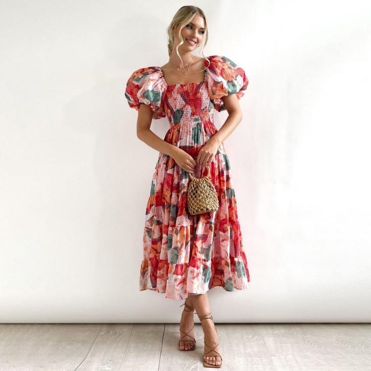 Fashion Summer Dress Women Strapless Print Pleated Short Sleeve Ankle Length