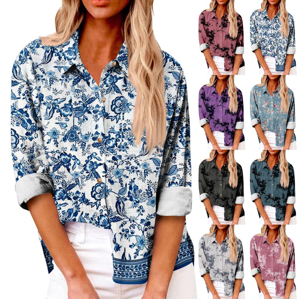 Women's Loose Floral Print Stand Collar Long Sleeve Cotton And Linen Top