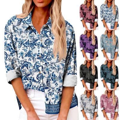 Women's Loose Floral Print Stand Collar Long Sleeve Cotton And Linen Top
