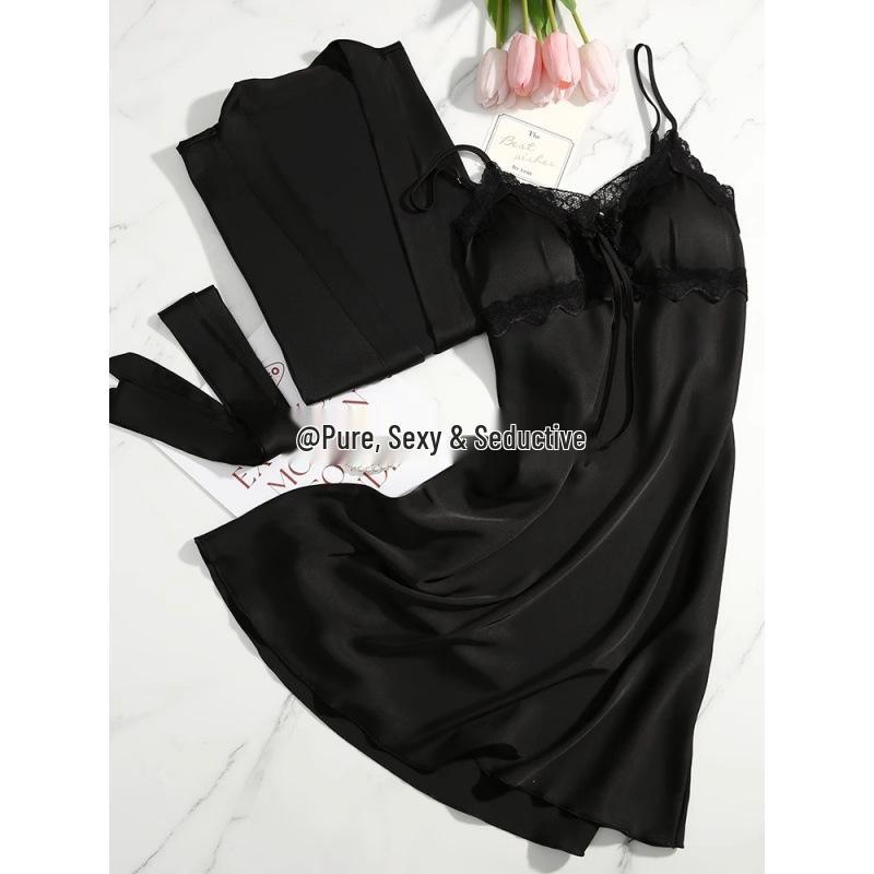 Elegant Women's Ice Silk Nightgown Set with Chest Pads - Spring/Summer 2025 Gift Box Edition