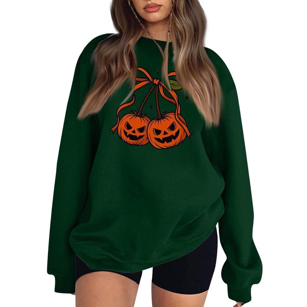 Women's Long Sleeve Neck Sweatshirt Loose Fit Casual Pullover Top with Small Halloween Print