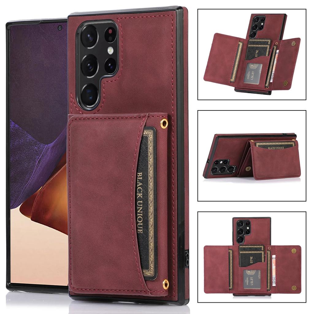 Triple Folded Matte Leather Wallet Case for Samsung S25 Ultra S24 FE S23 S22 Plus S21 A55 A14 Cards Slots Kickstand Flip Cover