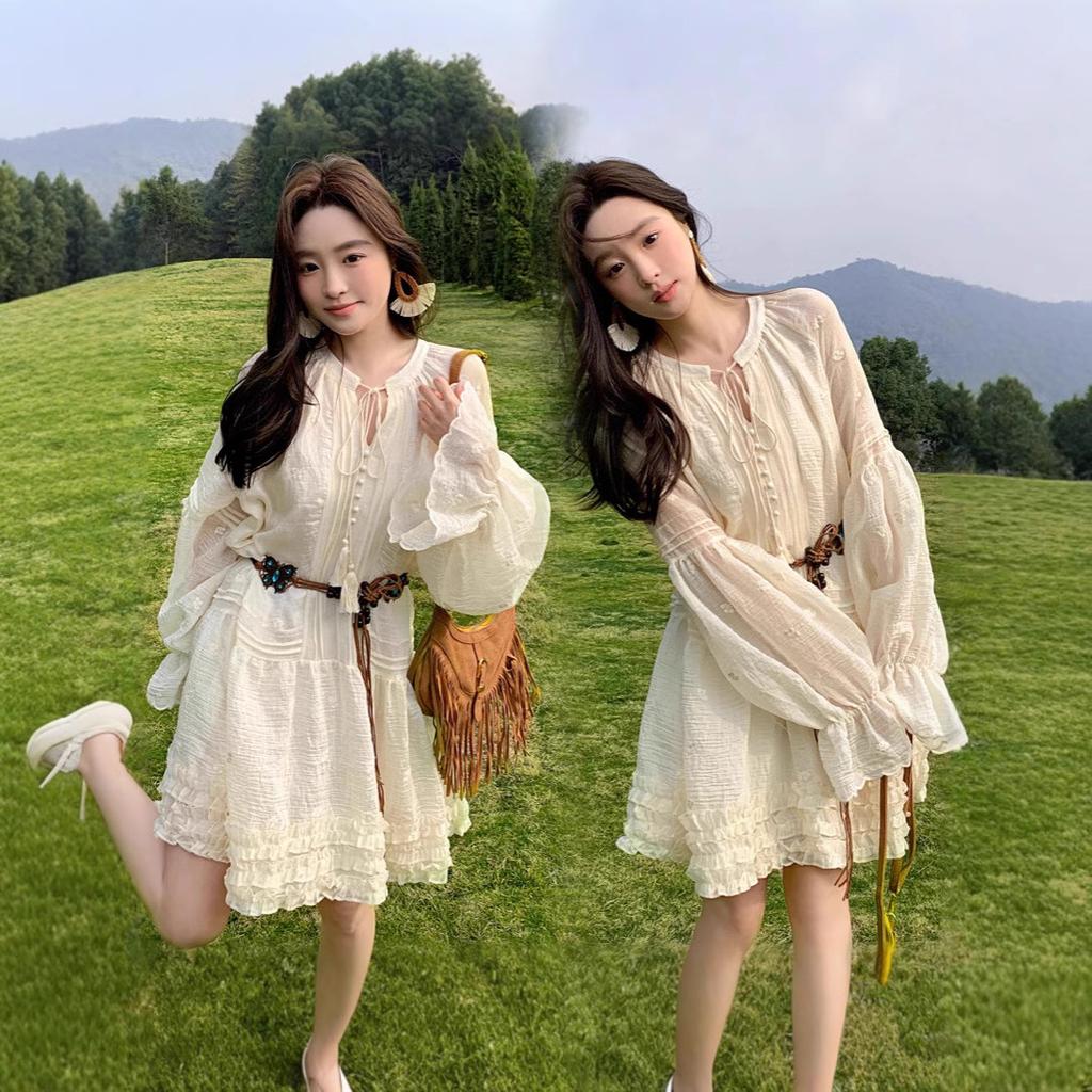 A sweet peach lantern sleeve dress, women's atmosphere, wearing temperament, spring and autumn women's short skirt Sa