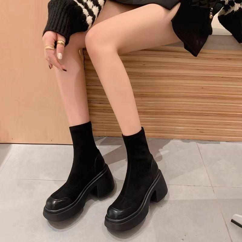 rough 2025 autumn and winter new heel short boots thick heel solid color sleeve temperament black thick-soled Martin boots elastic thin boots