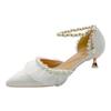 White Wedding Shoes for Women 2025 Summer Luxury Silk Pearl Ankle Straps High Heels Pumps Woman Pointed Toe Heeled Dress Shoes