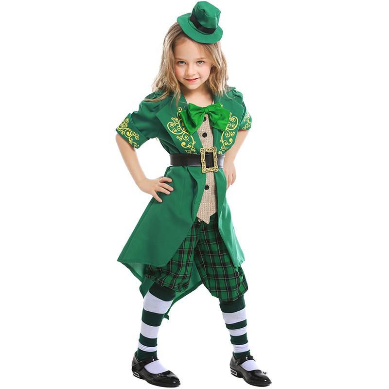Green Fairy Costume Kids Halloween St. Patricks Day Performance Outfit Short Sleeve Dance
