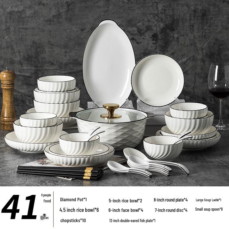 Hanyou European 41-Piece Ceramic Dinnerware Set with Diamond Pot