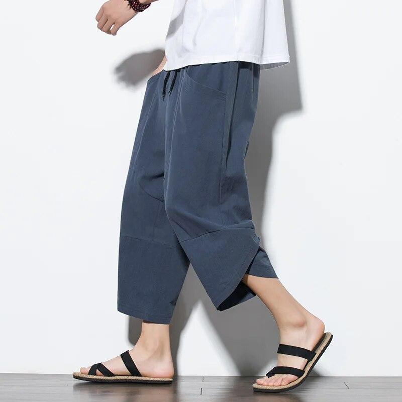 Linen Pants for Men Baggy Large Pocket Cropped Oversize Trousers Loose Harem Casual Pants Male
