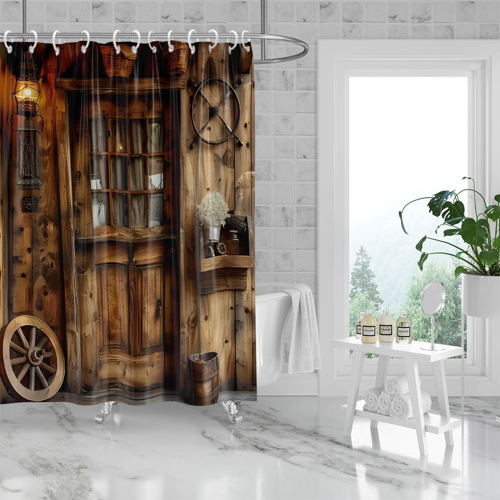 1PC Rural farmhouse shower curtain with retro wooden wheels, rustic style, waterproof, with 12 hooks, bathroom shower, home use