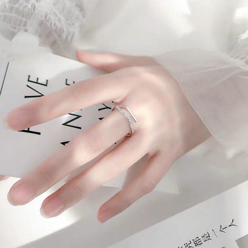 Korean Style Adjustable Open Ring with Rhinestone Inlay - S925 Sterling Silver Plated, Geometric Design for Women