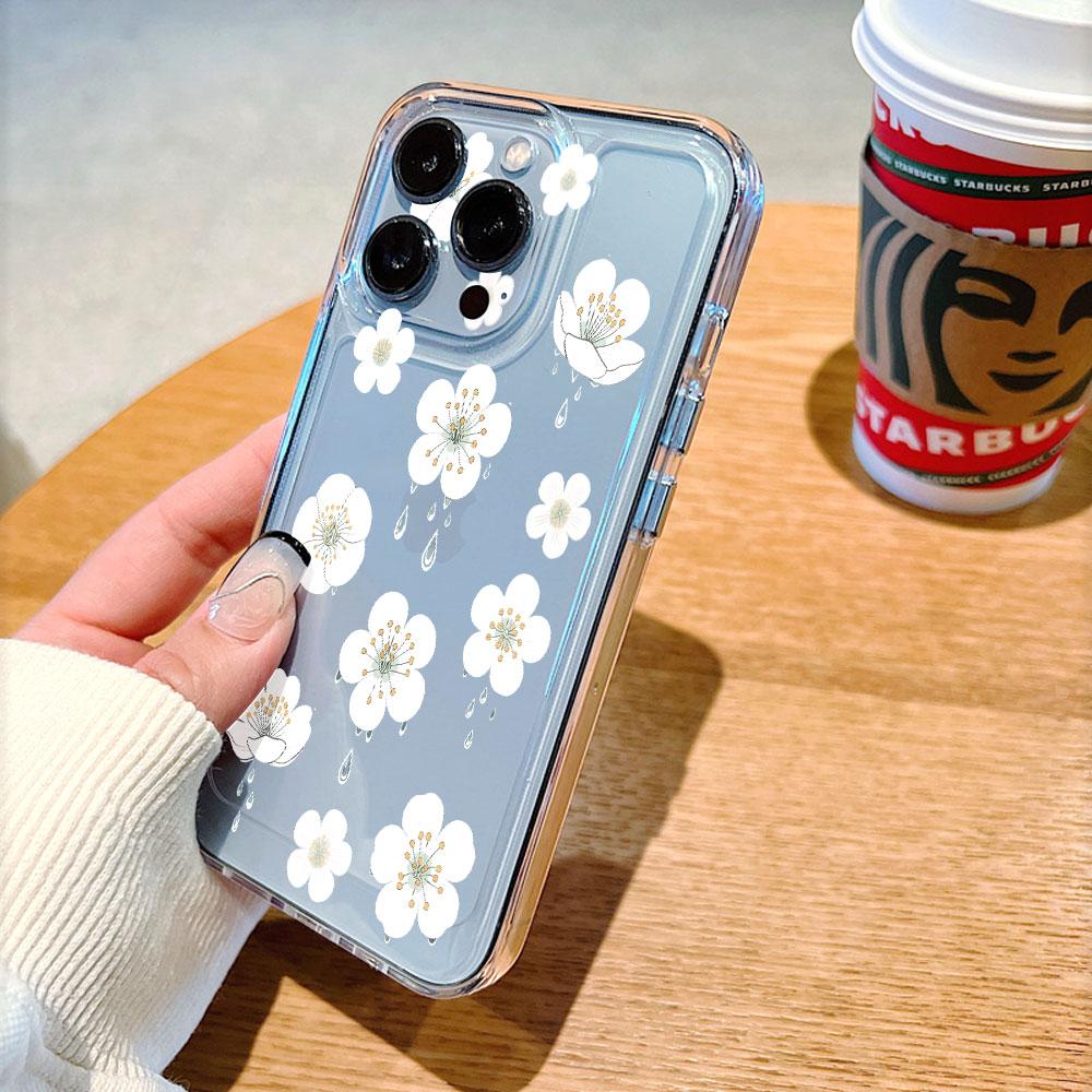 White Flowers with Dewdrops Lucency Phone Case for IPhone 14 15 16 13 12 11 17 Pro Max 12 13 Mini Soft Cover