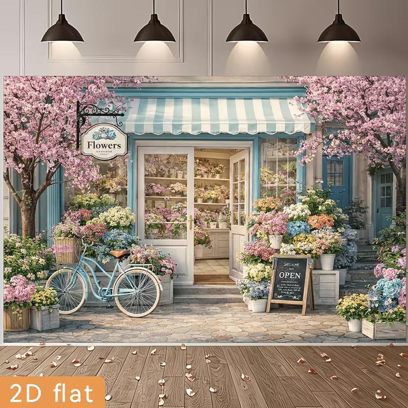 2D Florist Shop Backdrop, Blue Bicycle and Cherry Blossoms Party Photo Booth Banner