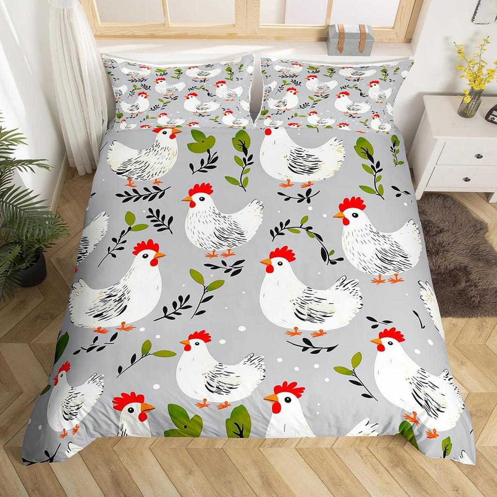 Rooster Duvet Cover Set Twin King Size,Watercolor Chicken Farmhouse Animal Bedding Set For Kids Boys Girls Floral Quilt Cover