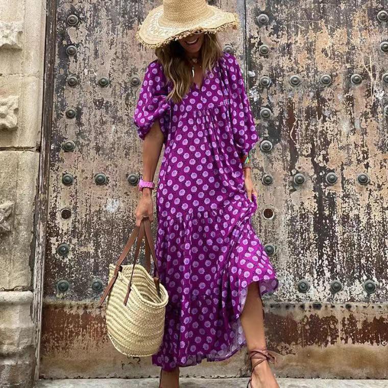 2022 Summer Trendy Geometric Puff Sleeve Dress, Plus Size Women's Fashion.
