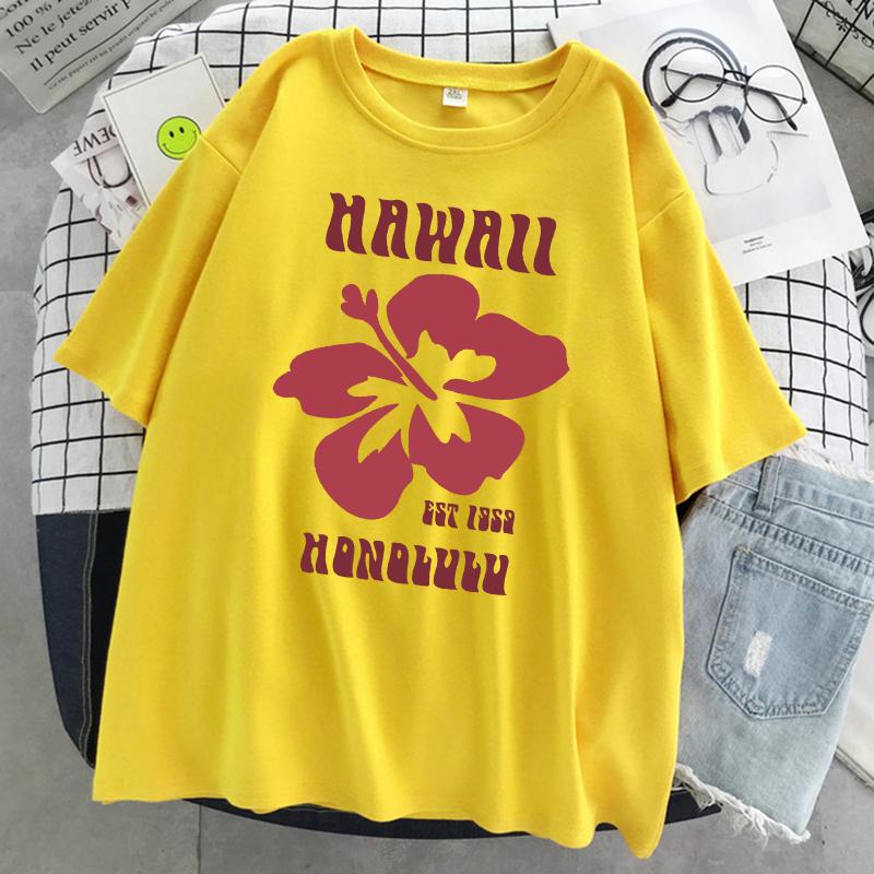 

Hawaii Est 1959 Honolulu Print T-Shirt Women Summer O-Neck T Shirts Cotton Breathable Short Sleeve Sport Casual T Shirt S