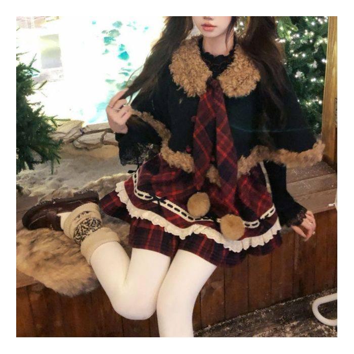 New Year College Style Plaid Dress with Shawl Cape - Women s Waist-Cinched Slim Fit Two-Piece Look XL
