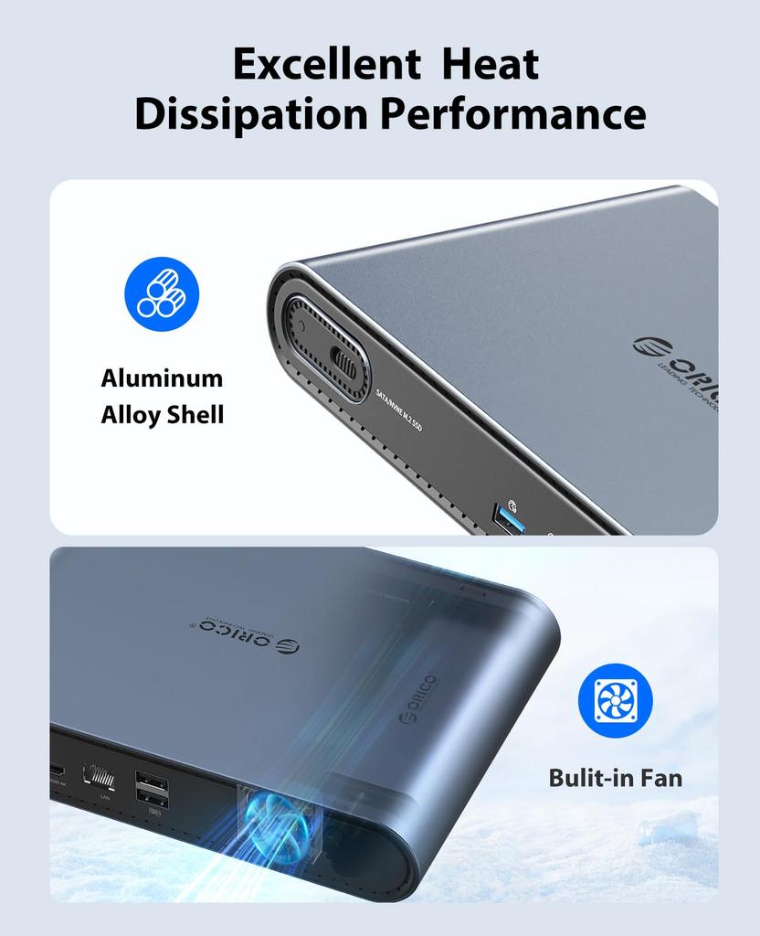 ORICO SSD Docking Station with USB C Docking Supports 10 4K 60 100W Audio and Two USB Ports M.2 Enclosure, 10-in-1 Station, M.2 NVMe/SATA SSD, USB-A