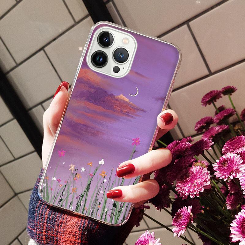 

Чехол для телефона с расписанным вручную цветочным пейзажем для iPhone 14 13 12 11 Pro MAX X XS Max XR Mini SE2022 6S 7 8 Plus, черный чехол iphone 14ProMax