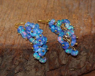 AAA Blue Fire Opal Gemstone Beads Cluster Earring, Ethiopian Opal Beaded Gold Earring, Handmade Earring, October Birthstone, Gift for Her