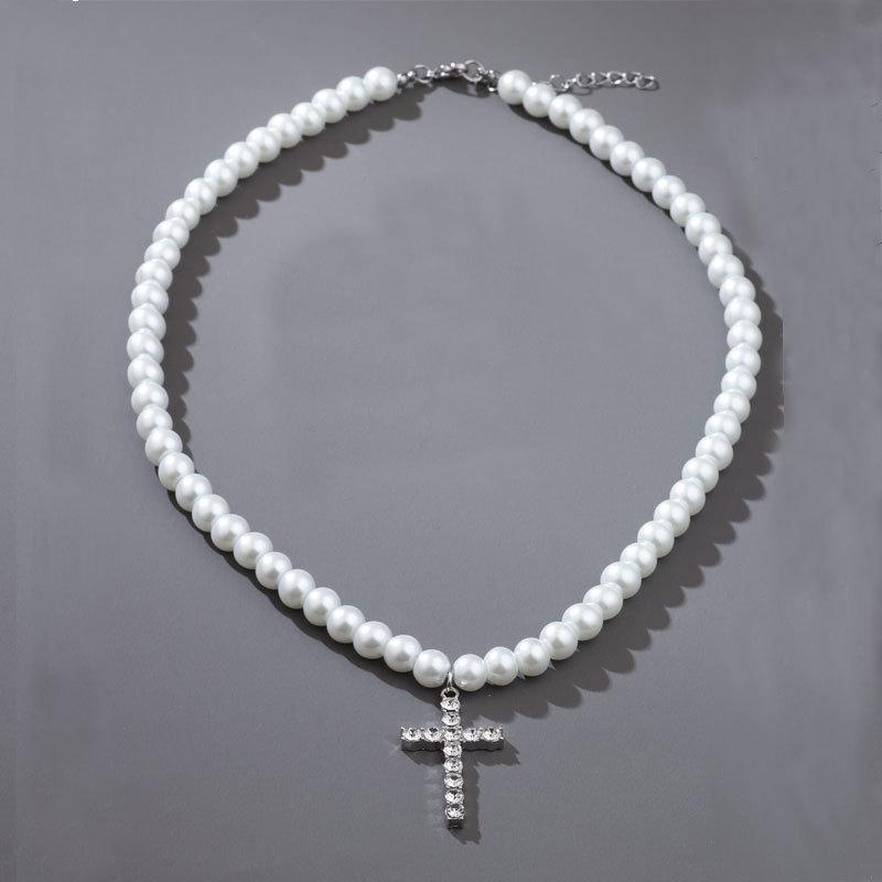 Collana Ciondolo Croce Intarsiata Diamanti Perle Finte Unisex Gioielli di Moda