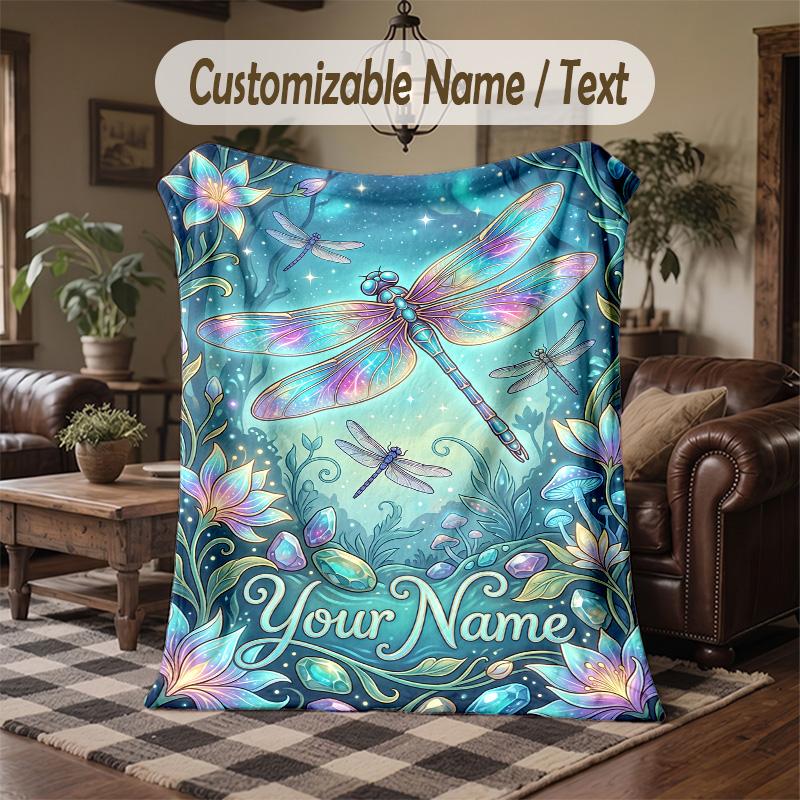Dragonfly Dreams Bloom 1 Theme Throw Blanket Custom Name Text Personalized Blanket Soft Cozy Blanket for Home Sofa Bed