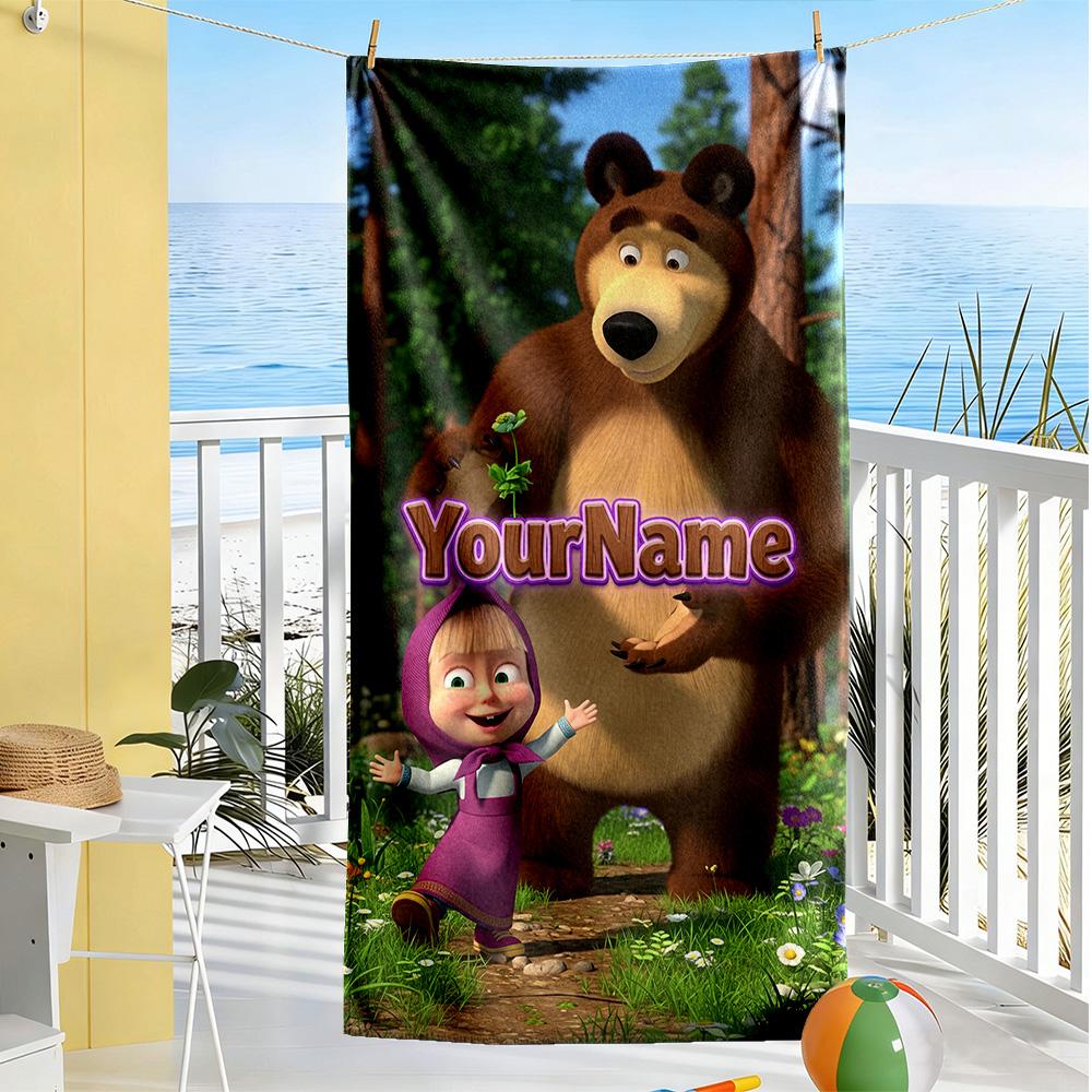 Masha Bear Customized Name Beach Towel Super Soft Microfiber Quickdry Fabric Perfect for Traveling Yoga Camping and Swimming