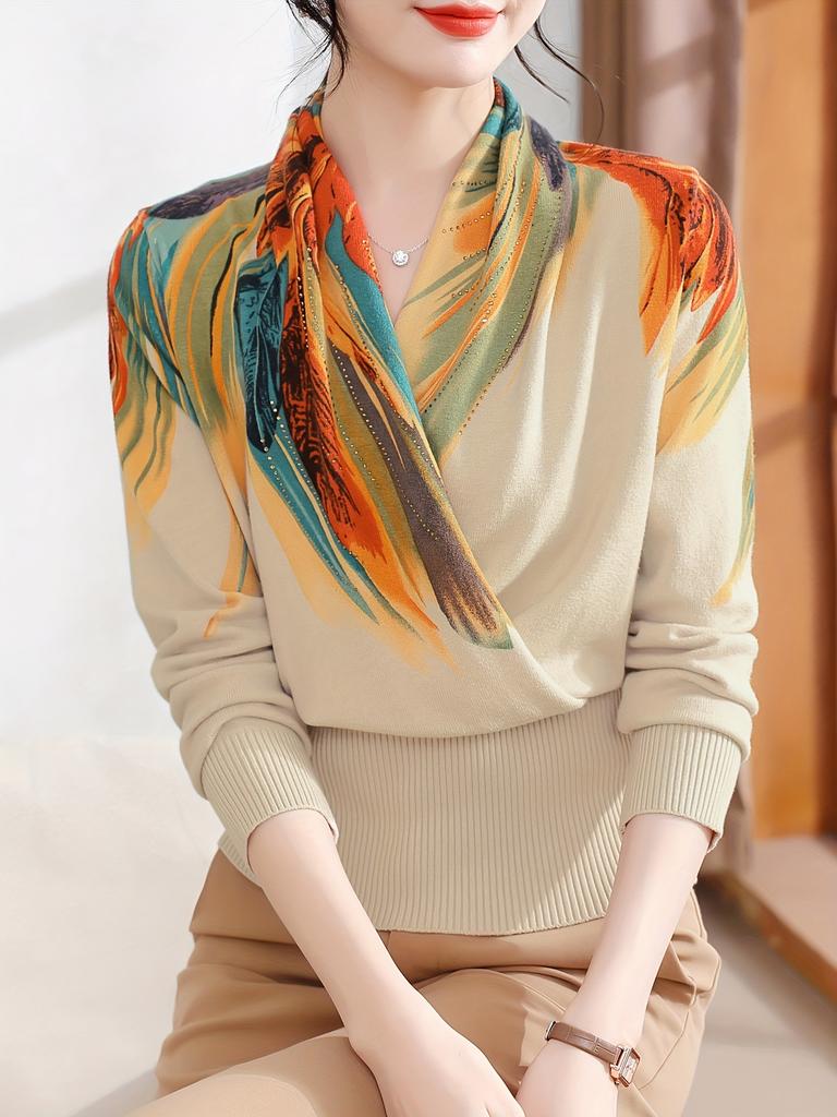 Ladies' Elegant Long Sleeved Soft and Warm Cross Neck Knitted Sweater with Printed V-neck Base Sweater