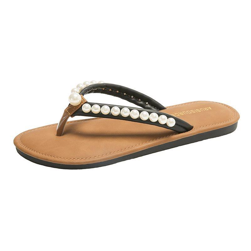 Large size vacation pinch foot soft flip-flops women's summer outer wear foreign trade flat bottom new year pearl seaside 2025