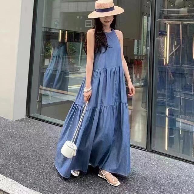 

Johnature Vintage Round Neck Pleated Panel Sleeveless Denim Dress Women Summer Casual Loose Simple Women Dresses