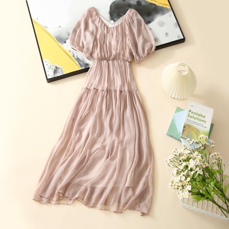 2025 Damen Seidenkleid mit französischen Puffärmeln und V-Ausschnitt